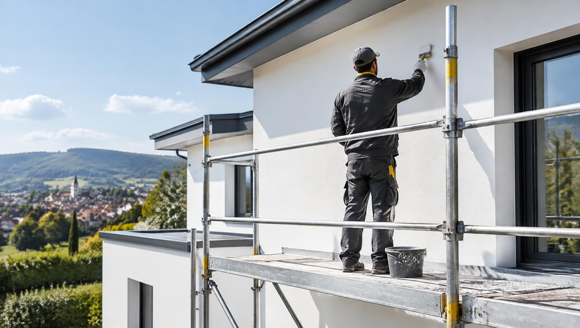 Peintre professionnel intervenant sur la façade blanche d’une maison